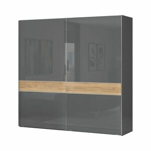 Tolóajtós magasfényű gardróbszekrény, 230x224 cm, antracit-tölgy - BISE - Butopêa kép