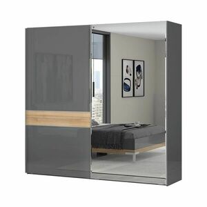 Tolóajtós magasfényű gardróbszekrény, 230x224 cm, tükörrel, antracit-tölgy - BISE - Butopêa kép