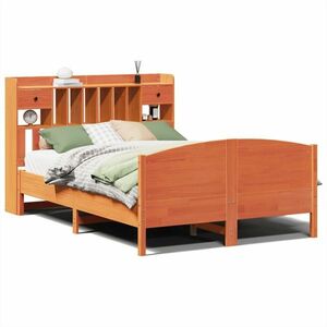 vidaXL barna tömör fenyőfa könyvespolcos ágy matrac nélkül 140 x 200cm kép