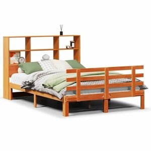 vidaXL barna tömör fenyőfa könyvespolcos ágy matrac nélkül 140 x 200cm kép