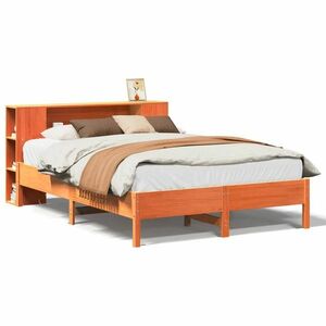 vidaXL barna tömör fenyőfa könyvespolcos ágy matrac nélkül 140 x 200cm kép