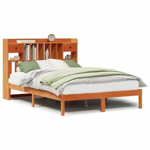 vidaXL barna tömör fenyőfa könyvespolcos ágy matrac nélkül 140 x 200cm kép
