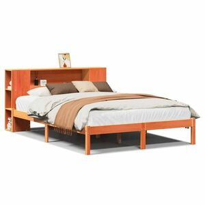 vidaXL barna tömör fenyőfa könyvespolcos ágy matrac nélkül 140 x 200cm kép
