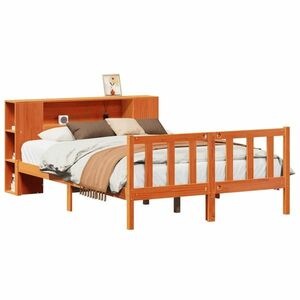 vidaXL barna tömör fenyőfa könyvespolcos ágy matrac nélkül 140 x 200cm kép