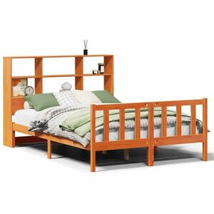 vidaXL barna tömör fenyőfa könyvespolcos ágy matrac nélkül 140 x 200cm kép