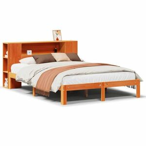 vidaXL barna tömör fenyőfa könyvespolcos ágy matrac nélkül 140 x 200cm kép
