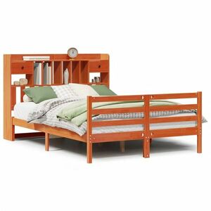 vidaXL barna tömör fenyőfa könyvespolcos ágy matrac nélkül 140 x 200cm kép