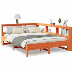 vidaXL barna tömör fenyőfa könyvespolcos ágy matrac nélkül 140 x 200cm kép
