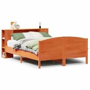 vidaXL barna tömör fenyőfa könyvespolcos ágy matrac nélkül 120 x 190cm kép