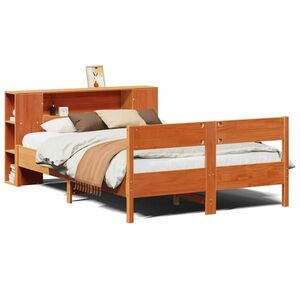 vidaXL barna tömör fenyőfa könyvespolcos ágy matrac nélkül 140 x 200cm kép