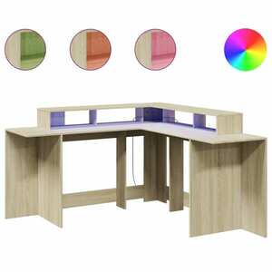vidaXL sonoma tölgy színű szerelt fa íróasztal LED-ekkel 152x152x91 cm kép