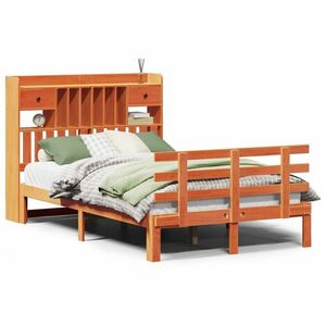 vidaXL barna tömör fenyőfa könyvespolcos ágy matrac nélkül 120 x 190cm kép