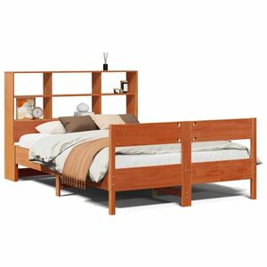 vidaXL barna tömör fenyőfa könyvespolcos ágy matrac nélkül 120 x 190cm kép