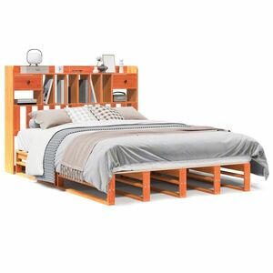 vidaXL barna tömör fenyőfa könyvespolcos ágy matrac nélkül 140 x 200cm kép