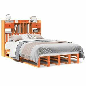 vidaXL barna tömör fenyőfa könyvespolcos ágy matrac nélkül 120 x 190cm kép