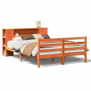 vidaXL barna tömör fenyőfa könyvespolcos ágy matrac nélkül 120 x 190cm kép