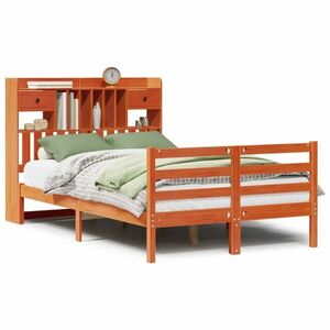 vidaXL barna tömör fenyőfa könyvespolcos ágy matrac nélkül 120 x 190cm kép