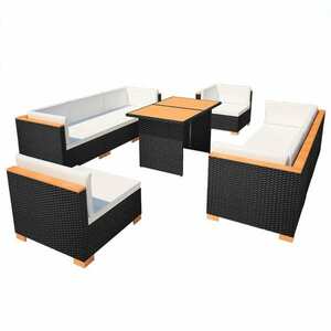 10 részes fekete polyrattan kerti bútorszett párnákkal kép