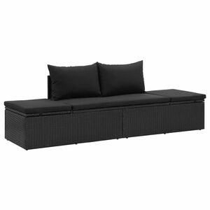 fekete polyrattan napozóágy párnákkal kép