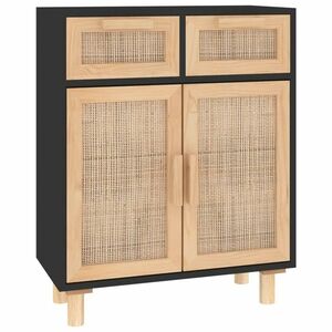 vidaXL fekete tömör fenyő/természetes rattan tálalószekrény 60x30x75cm kép