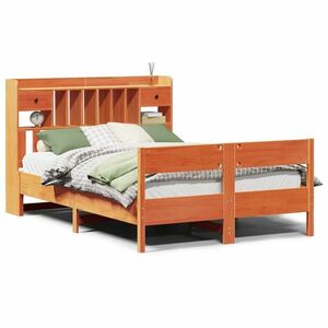 vidaXL barna tömör fenyőfa könyvespolcos ágy matrac nélkül 140 x 200cm kép