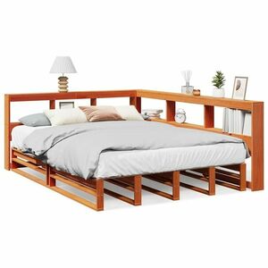 vidaXL barna tömör fenyőfa könyvespolcos ágy matrac nélkül 140 x 200cm kép