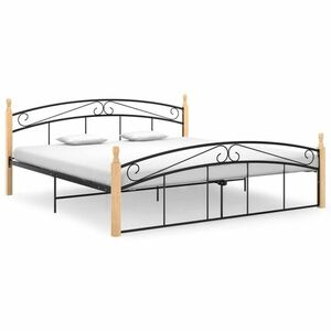 vidaXL fekete fém és tömör tölgyfa ágykeret 180 x 200 cm kép