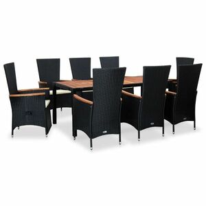 9-részes fekete polyrattan kültéri étkezőszett párnákkal kép