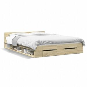 vidaXL sonoma tölgy színű szerelt fa ágykeret fiókokkal 135 x 190 cm kép