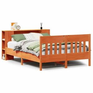 vidaXL barna tömör fenyőfa könyvespolcos ágy matrac nélkül 140 x 200cm kép