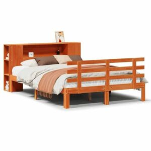 vidaXL barna tömör fenyőfa könyvespolcos ágy matrac nélkül 120 x 190cm kép