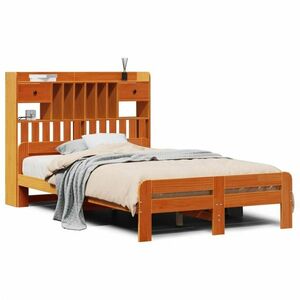 vidaXL barna tömör fenyőfa könyvespolcos ágy matrac nélkül 120 x 190cm kép