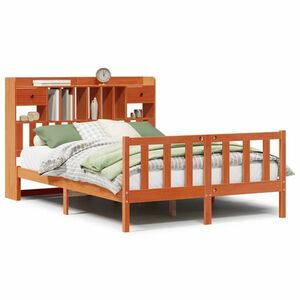 vidaXL barna tömör fenyőfa könyvespolcos ágy matrac nélkül 140 x 200cm kép