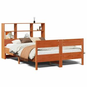 vidaXL barna tömör fenyőfa könyvespolcos ágy matrac nélkül 140 x 200cm kép