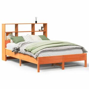 vidaXL barna tömör fenyőfa könyvespolcos ágy matrac nélkül 135 x 190cm kép