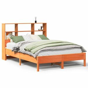 vidaXL barna tömör fenyőfa könyvespolcos ágy matrac nélkül 140 x 200cm kép