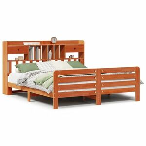 vidaXL barna tömör fenyőfa könyvespolcos ágy matrac nélkül 180 x 200cm kép