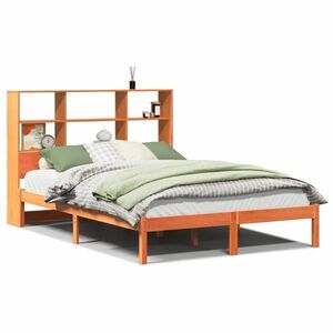 vidaXL barna tömör fenyőfa könyvespolcos ágy matrac nélkül 140 x 200cm kép