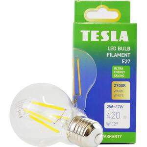 Tesla Filament A class, E27, 2W, 420lm, 2700K meleg fehér, 360°, átlátszó, 230V, 25000 óra kép