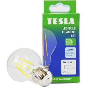 Tesla Filament A class, E27, 4W, 840lm, 4000K nappali fehér, 360°, átlátszó, 230V, 25000 óra kép