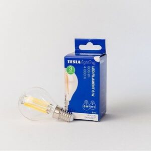 Tesla FILAMENT RETRO mini E14, 6 W, 230 V, 806 lm, 25 000 h, 4000K nappali fehér, 360°, víztiszta kép
