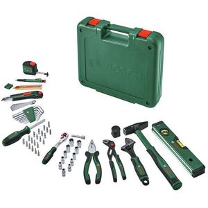 BOSCH Kézi szerszámkészlet, fogó, racsni 1/4", kalapács, mérőszalag, vízmérték, bitek, 73 db 1.600. kép