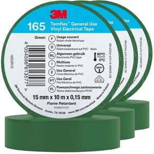 3M Temflex 165 szigetelőszalag, 15 mm×10 m×0, 15 mm, 3 darab, zöld kép