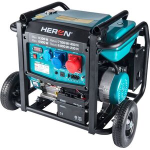HERON Benzinmotoros aggregátor, 8, 2 kW / 10, 25 kVA (400 V), 6, 5 kW (230 V), el. indítás, alváz kép