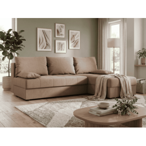 Ágyazható, kétoldalas L alakú kanapé VENORIA SLIM 200x143 cm, bézs színű + 2 db díszpárna INGYEN kép