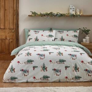 Zöld-natúr színű kétszemélyes flanel ágyneműhuzat 230x220 cm Brushed Christmas Dogs – Catherine Lansfield kép