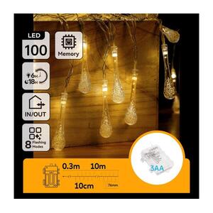 B.V. - LED kültéri karácsonyi fényfüzér, 100× LED, 8 funkció, 3× AA, 10 m, IP44, meleg fehér, csepp alakú B10303K59 kép