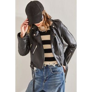 Bianco Lucci Women's Leather Jacket with Epaulettes, Zippered Sleeves and Belt kép