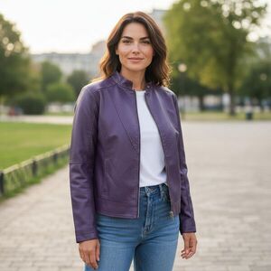 Női XXL-es lila bőrhatású kabát, műbőr dzseki kép
