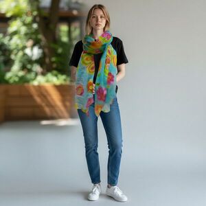 Női türkiz virágos sál, kendő, 150 cm kép
